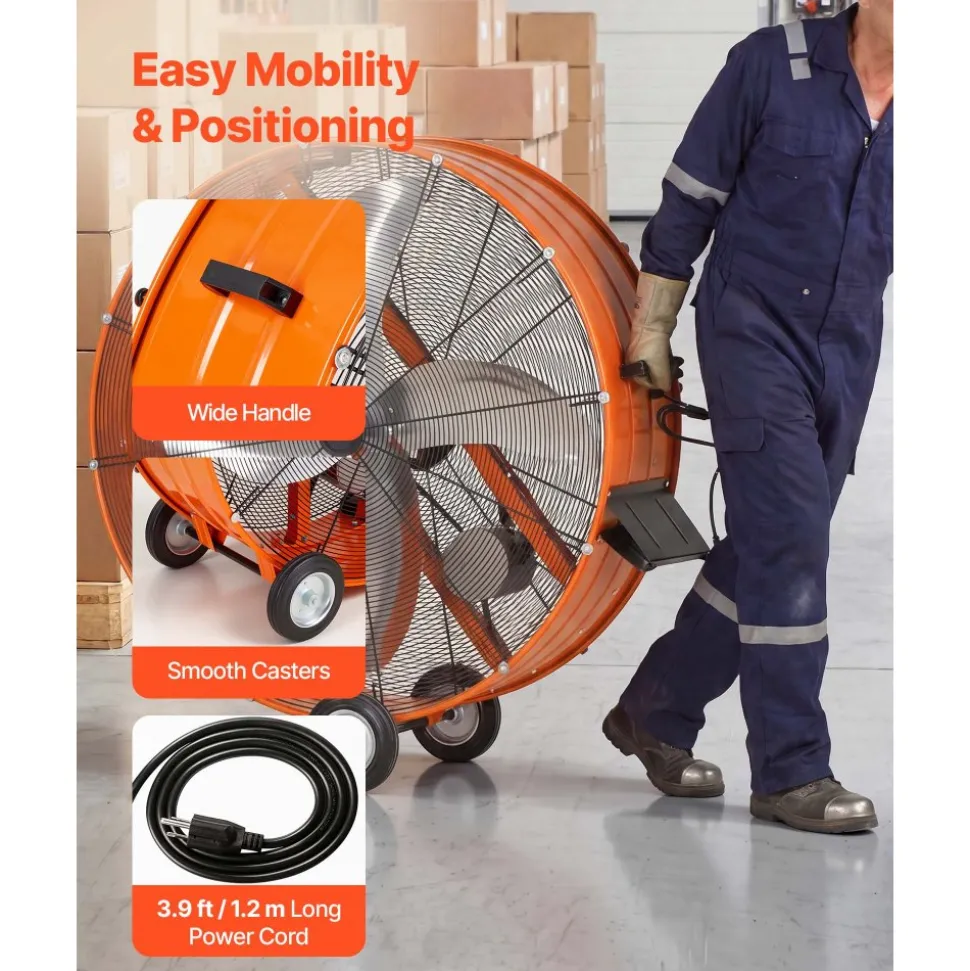VEVOR Industrial Shop Fan, 42 Inch Floor Drum Fan, High Velocity 16100 CFM, Heavy Duty Aluminum Blades, 2 Speeds, with Handle, Ideal for Commercial, Garage, Warehouse, Basement, Workshop, Factory