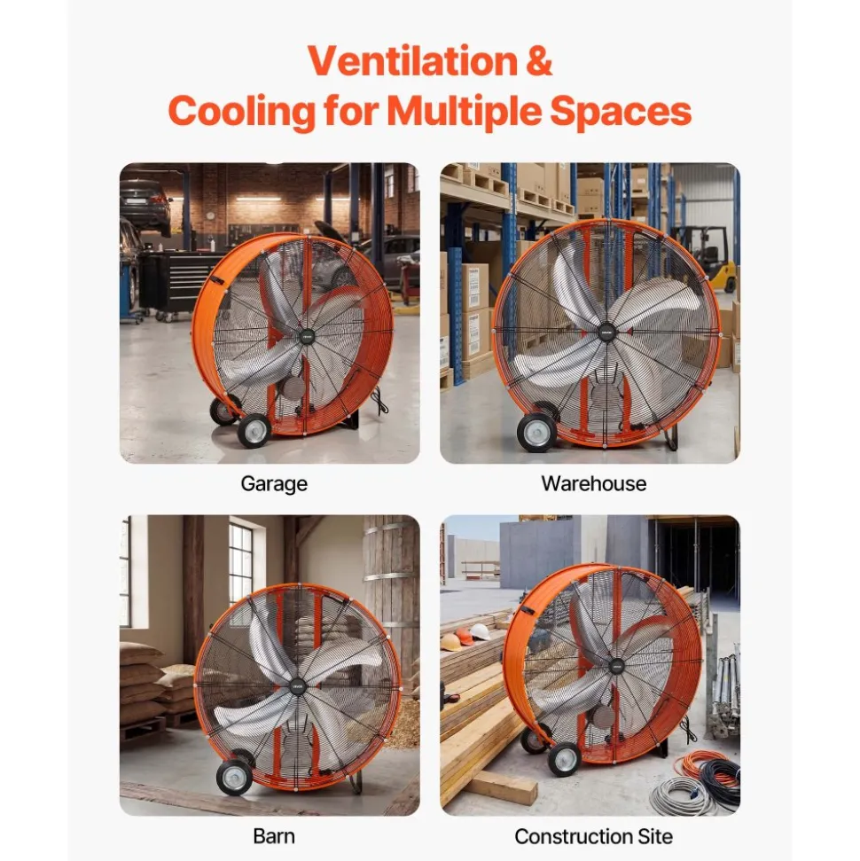 VEVOR Industrial Shop Fan, 42 Inch Floor Drum Fan, High Velocity 16100 CFM, Heavy Duty Aluminum Blades, 2 Speeds, with Handle, Ideal for Commercial, Garage, Warehouse, Basement, Workshop, Factory