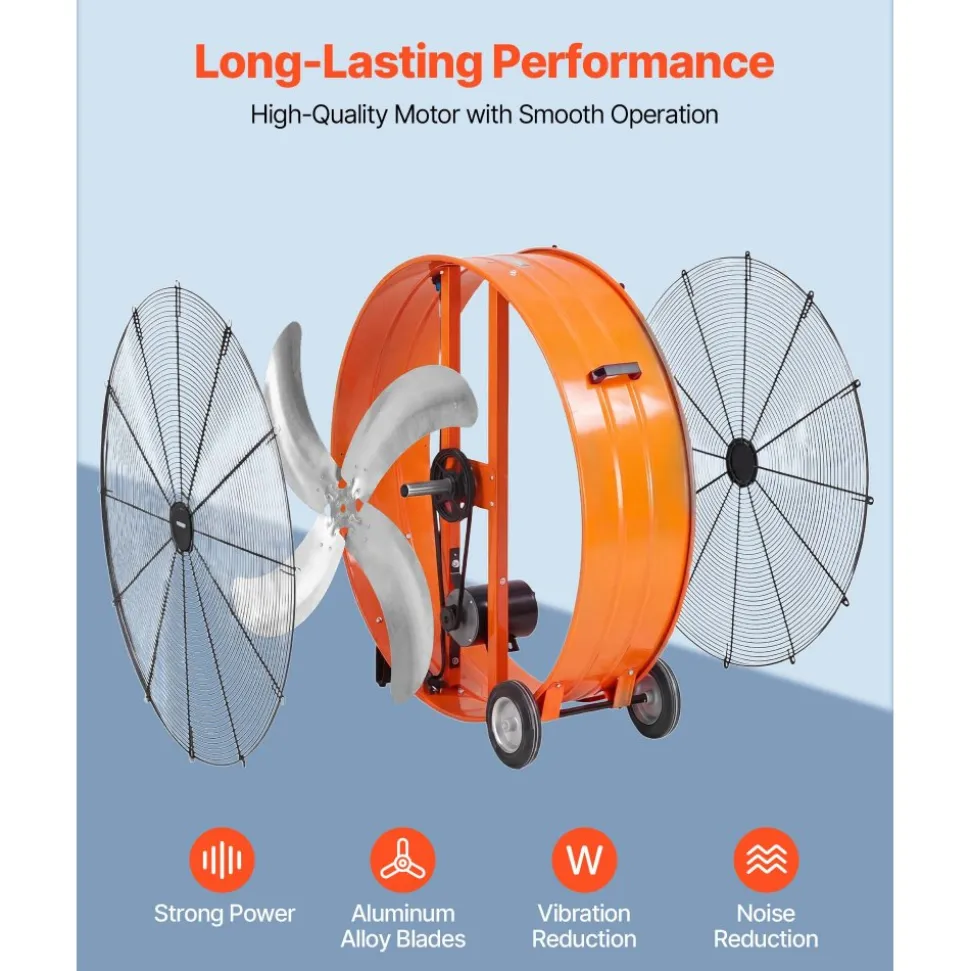 VEVOR Industrial Shop Fan, 42 Inch Floor Drum Fan, High Velocity 16100 CFM, Heavy Duty Aluminum Blades, 2 Speeds, with Handle, Ideal for Commercial, Garage, Warehouse, Basement, Workshop, Factory