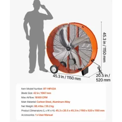 VEVOR Industrial Shop Fan, 42 Inch Floor Drum Fan, High Velocity 16100 CFM, Heavy Duty Aluminum Blades, 2 Speeds, with Handle, Ideal for Commercial, Garage, Warehouse, Basement, Workshop, Factory