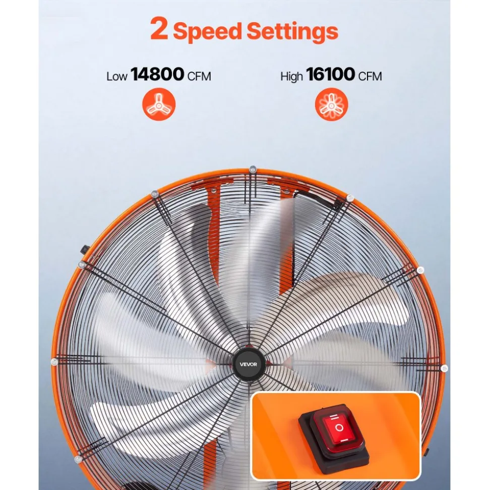 VEVOR Industrial Shop Fan, 42 Inch Floor Drum Fan, High Velocity 16100 CFM, Heavy Duty Aluminum Blades, 2 Speeds, with Handle, Ideal for Commercial, Garage, Warehouse, Basement, Workshop, Factory
