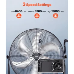 VEVOR Industrial Shop Fan, 30 Inch Floor Drum Fan, High Velocity 12000 CFM, Heavy Duty Aluminum Blades, 3 Speeds, 360 Degree Tilt, Ideal for Commercial, Garage, Warehouse, Basement, Workshop, Black