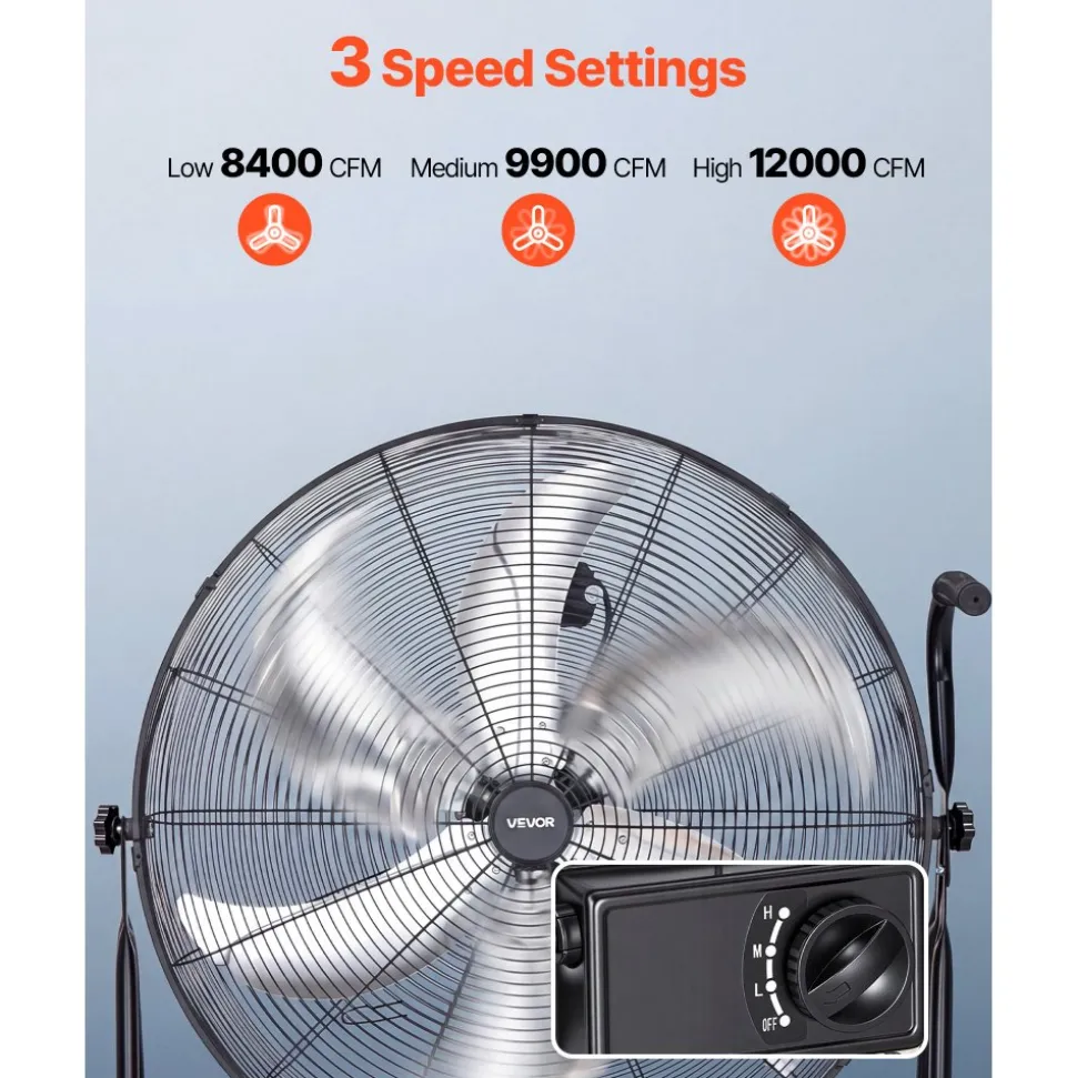VEVOR Industrial Shop Fan, 30 Inch Floor Drum Fan, High Velocity 12000 CFM, Heavy Duty Aluminum Blades, 3 Speeds, 360 Degree Tilt, Ideal for Commercial, Garage, Warehouse, Basement, Workshop, Black