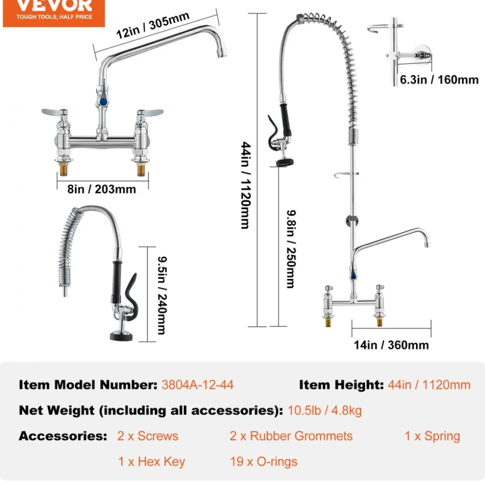 VEVOR Industrial Sink Faucet, 44" Tall, 8" Install Space, 12" Rotating Spout, Surface Mount, Brass-Made with Extendable Sprayer, Suitable for Single/Triple Basin