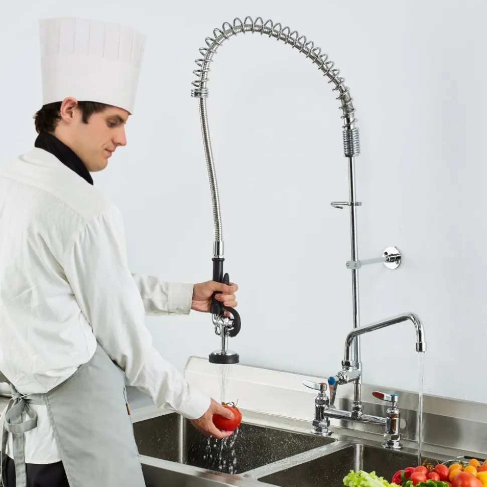 VEVOR Industrial Sink Faucet, 44" Tall, 8" Install Space, 12" Rotating Spout, Surface Mount, Brass-Made with Extendable Sprayer, Suitable for Single/Triple Basin