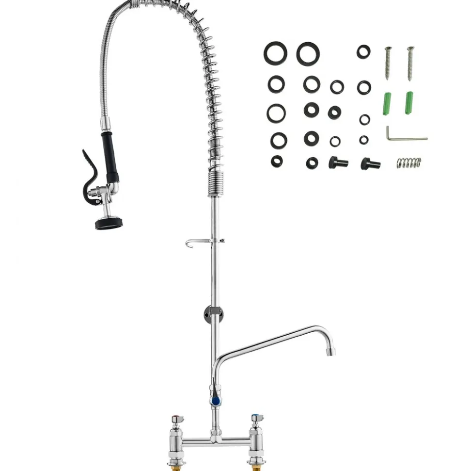 VEVOR Industrial Sink Faucet, 44" Tall, 8" Install Space, 12" Rotating Spout, Surface Mount, Brass-Made with Extendable Sprayer, Suitable for Single/Triple Basin