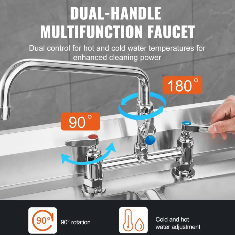 VEVOR Industrial Sink Faucet, 44" Tall, 8" Install Space, 12" Rotating Spout, Surface Mount, Brass-Made with Extendable Sprayer, Suitable for Single/Triple Basin