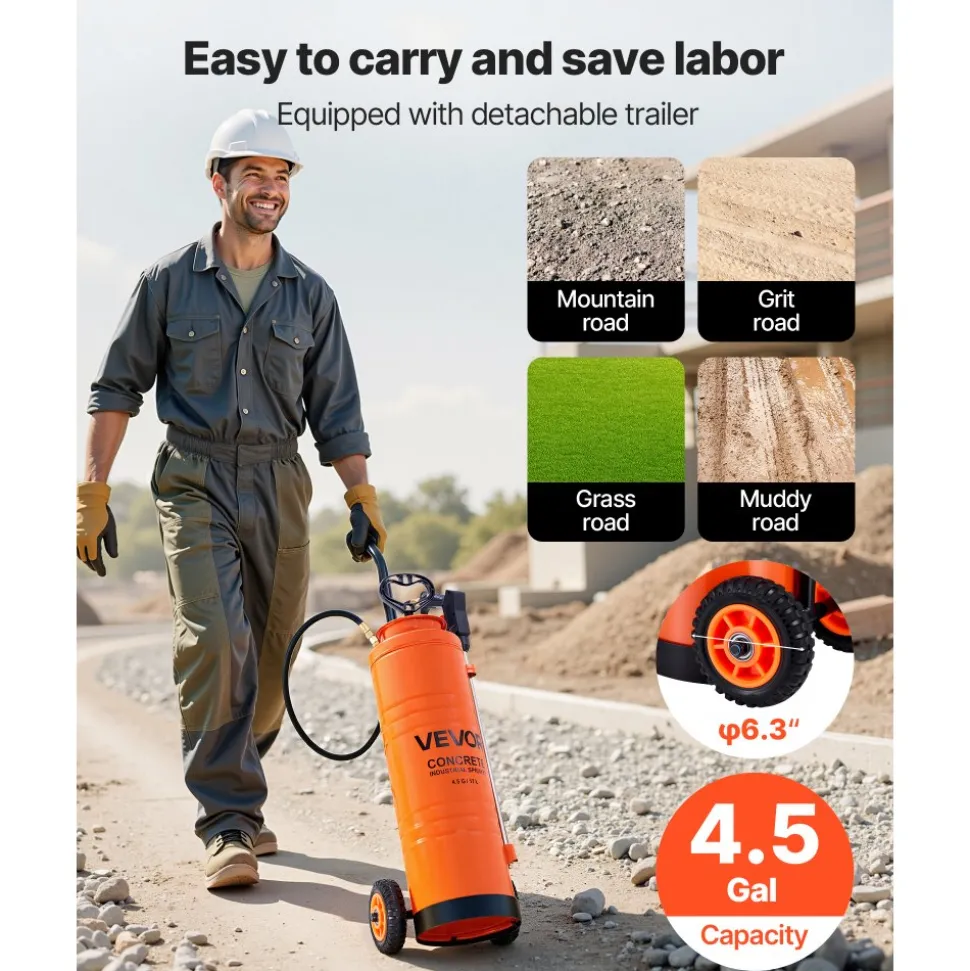 VEVOR Industrial Sprayer, 4.5 Gallons Large Capacity, Stainless Steel Concrete Sprayer with Ergonomic Handle & Removable Cart, 48" & 120" Hose, Concrete Sealer Sprayers for Form Oils Construction
