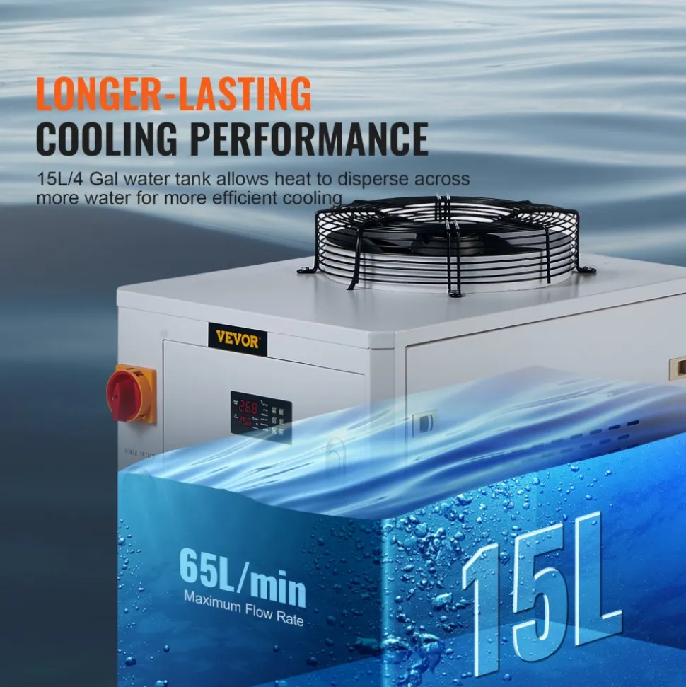 VEVOR Industrial Water Chiller, CW6000, 1500W Industrial Water Cooler Cooling System with Compressor 15L Water Tank Capacity 65 L/min Max Flow Rate, for CO2 Laser Engraving Machine Cooling Machine