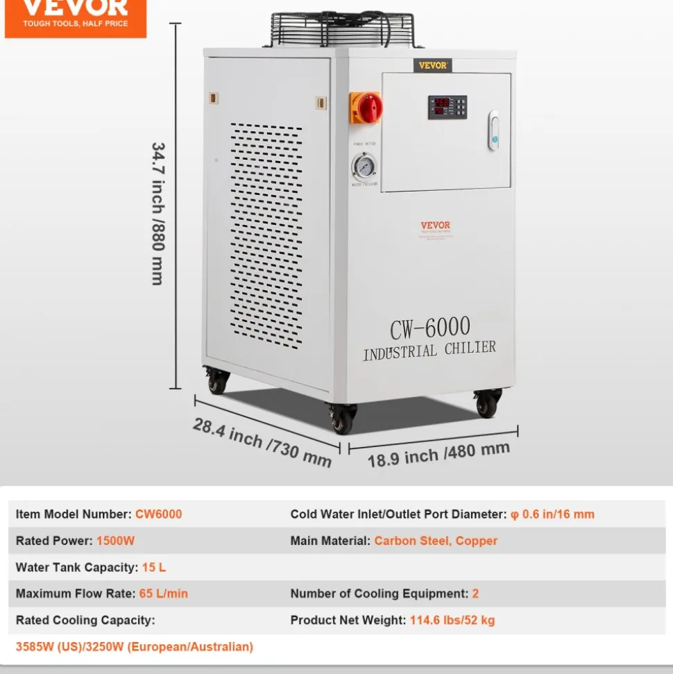 VEVOR Industrial Water Chiller, CW6000, 1500W Industrial Water Cooler Cooling System with Compressor 15L Water Tank Capacity 65 L/min Max Flow Rate, for CO2 Laser Engraving Machine Cooling Machine