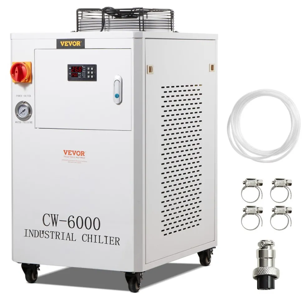 VEVOR Industrial Water Chiller, CW6000, 1500W Industrial Water Cooler Cooling System with Compressor 15L Water Tank Capacity 65 L/min Max Flow Rate, for CO2 Laser Engraving Machine Cooling Machine