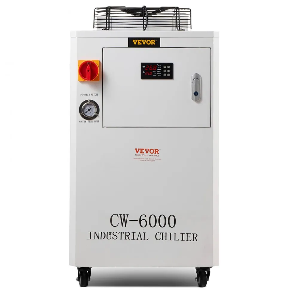 VEVOR Industrial Water Chiller, CW6000, 1500W Industrial Water Cooler Cooling System with Compressor 15L Water Tank Capacity 65 L/min Max Flow Rate, for CO2 Laser Engraving Machine Cooling Machine