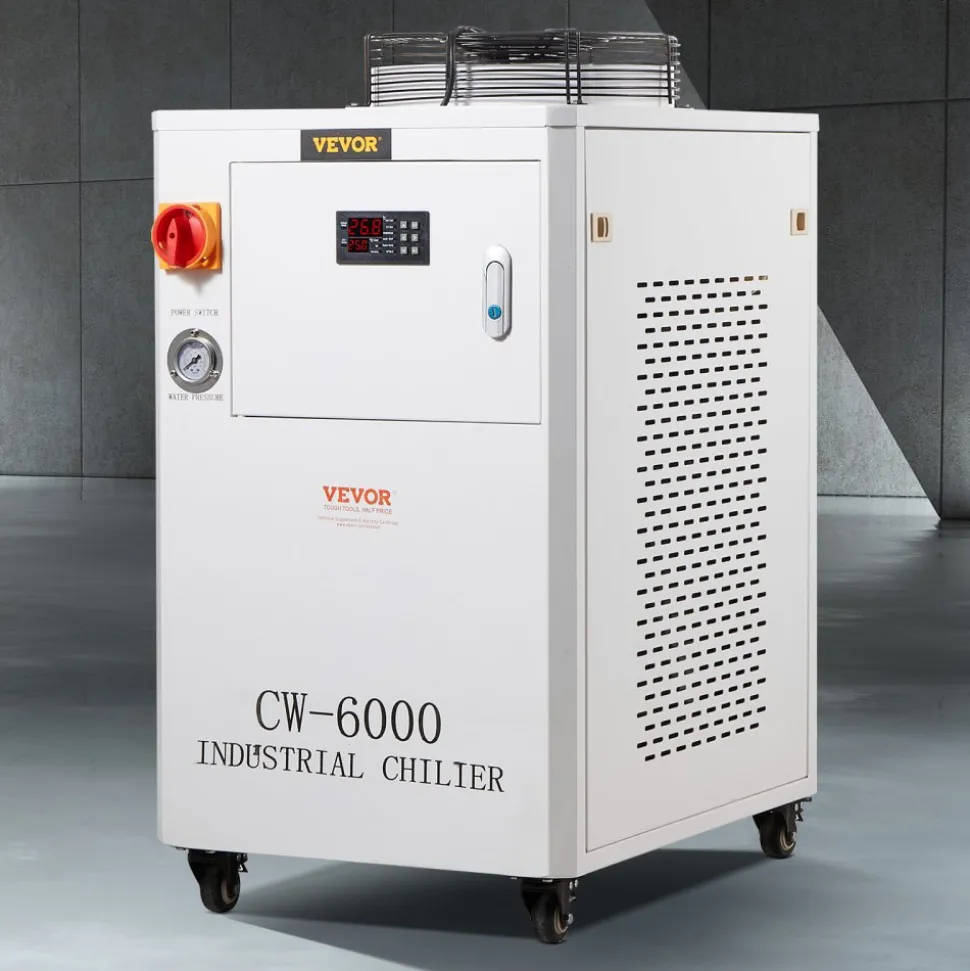 VEVOR Industrial Water Chiller, CW6000, 1500W Industrial Water Cooler Cooling System with Compressor 15L Water Tank Capacity 65 L/min Max Flow Rate, for CO2 Laser Engraving Machine Cooling Machine