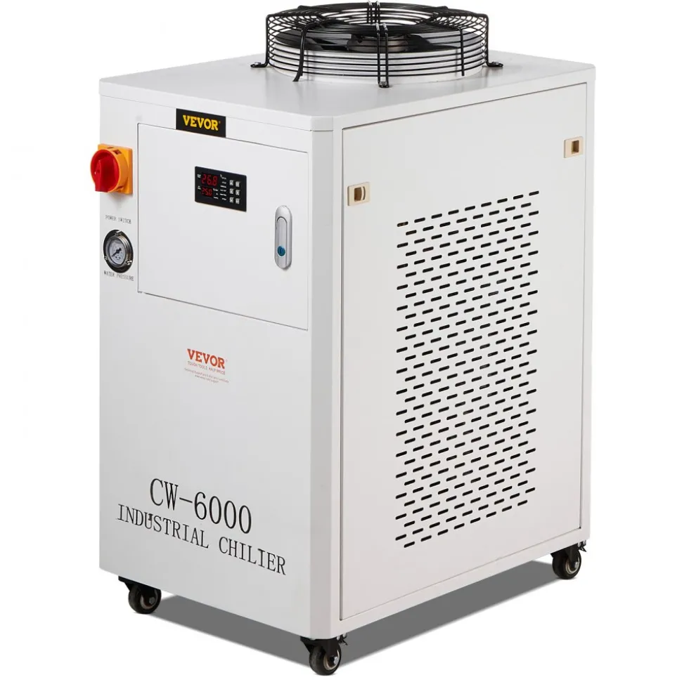 VEVOR Industrial Water Chiller, CW6000, 1500W Industrial Water Cooler Cooling System with Compressor 15L Water Tank Capacity 65 L/min Max Flow Rate, for CO2 Laser Engraving Machine Cooling Machine