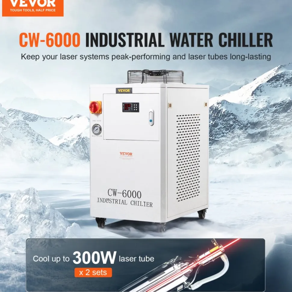 VEVOR Industrial Water Chiller, CW6000, 1500W Industrial Water Cooler Cooling System with Compressor 15L Water Tank Capacity 65 L/min Max Flow Rate, for CO2 Laser Engraving Machine Cooling Machine
