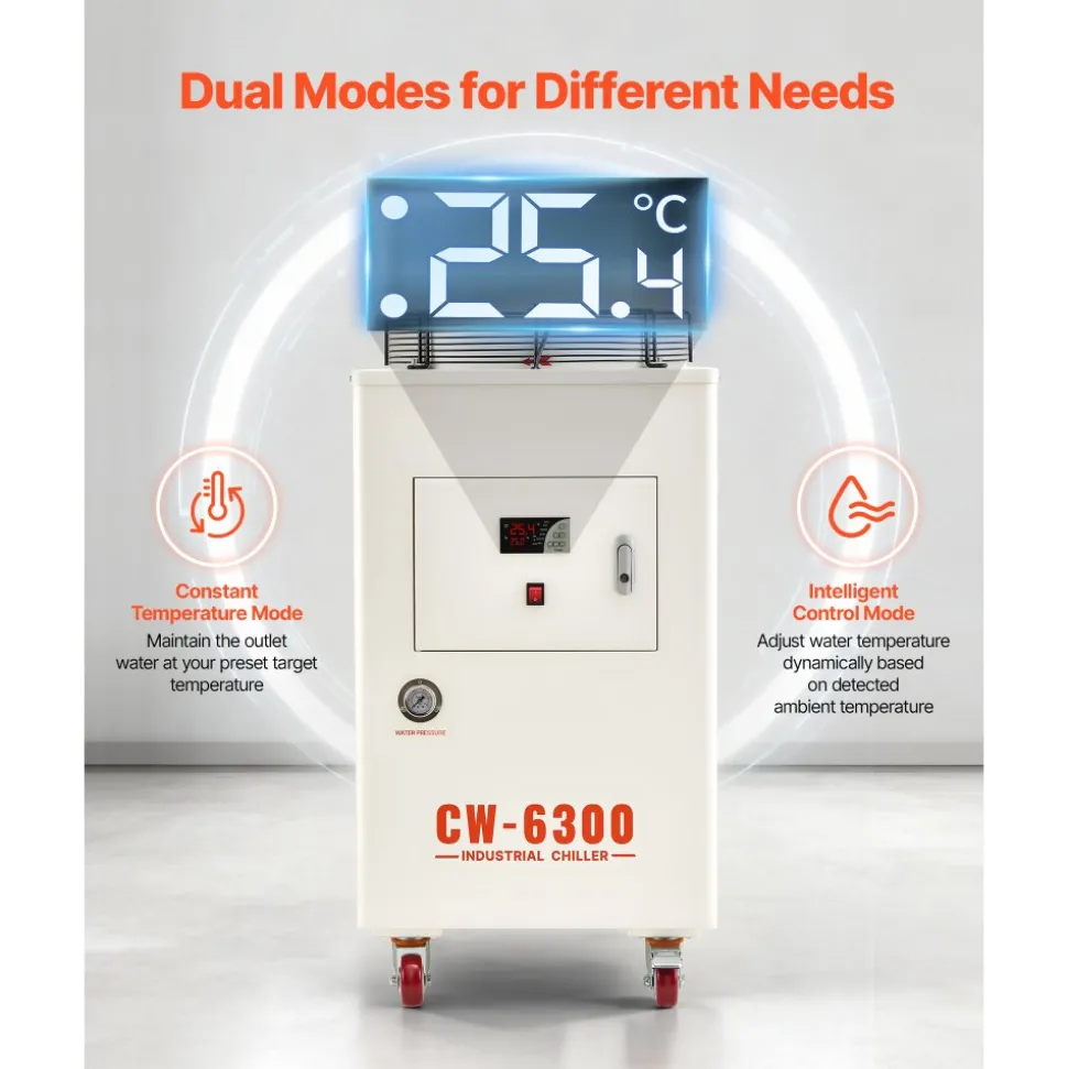 VEVOR Industrial Water Chiller, 27,300 BTU/h, Industrial Water Cooler Cooling System with Compressor, 10.6 Gal Tank Capacity, 18.5 GPM Max Flow Rate, for CO2 Laser Tube Engraving & Cutting Machine