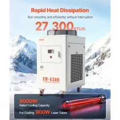 VEVOR Industrial Water Chiller, 27,300 BTU/h, Industrial Water Cooler Cooling System with Compressor, 10.6 Gal Tank Capacity, 18.5 GPM Max Flow Rate, for CO2 Laser Tube Engraving & Cutting Machine