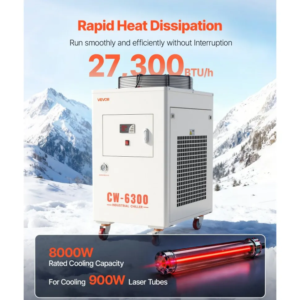 VEVOR Industrial Water Chiller, 27,300 BTU/h, Industrial Water Cooler Cooling System with Compressor, 10.6 Gal Tank Capacity, 18.5 GPM Max Flow Rate, for CO2 Laser Tube Engraving & Cutting Machine