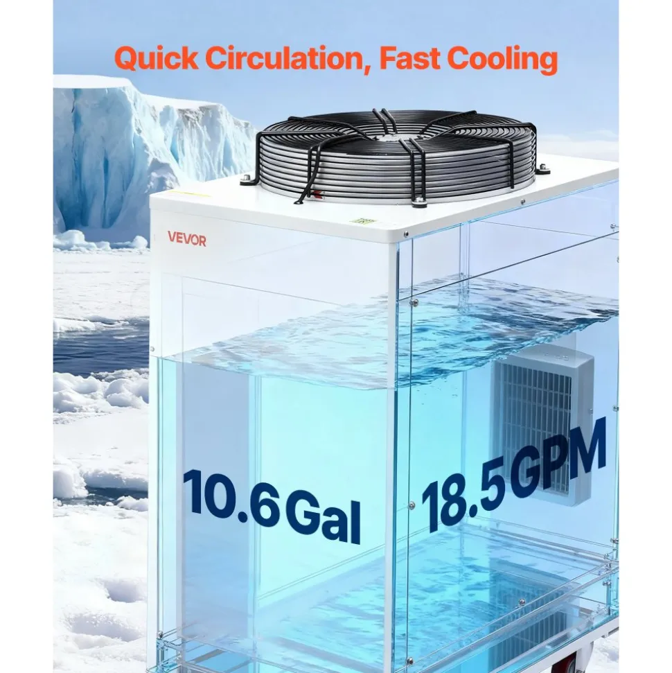 VEVOR Industrial Water Chiller, 27,300 BTU/h, Industrial Water Cooler Cooling System with Compressor, 10.6 Gal Tank Capacity, 18.5 GPM Max Flow Rate, for CO2 Laser Tube Engraving & Cutting Machine