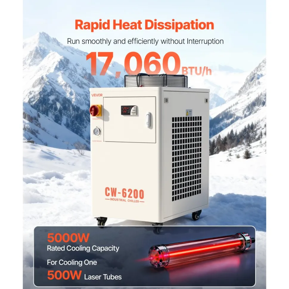 VEVOR Industrial Water Chiller, 17,060 BTU/h, Industrial Water Cooler Cooling System with Compressor, 3.96 Gal Tank Capacity, 18.5 GPM Max Flow Rate, for CO2 Laser Tube Engraving & Cutting Machine