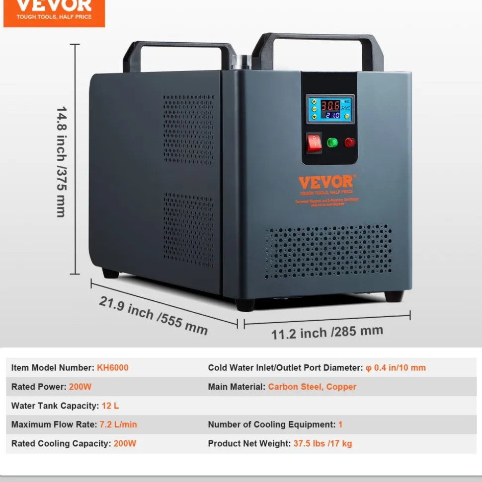 VEVOR Industrial Water Chiller, 5460 BTU/h, Industrial Water Cooler Cooling System with Compressor, 1.8 Gal Tank Capacity, 3.4 GPM Max Flow, Laser Chiller, for CO2 Laser Engraving & Cutting Machine