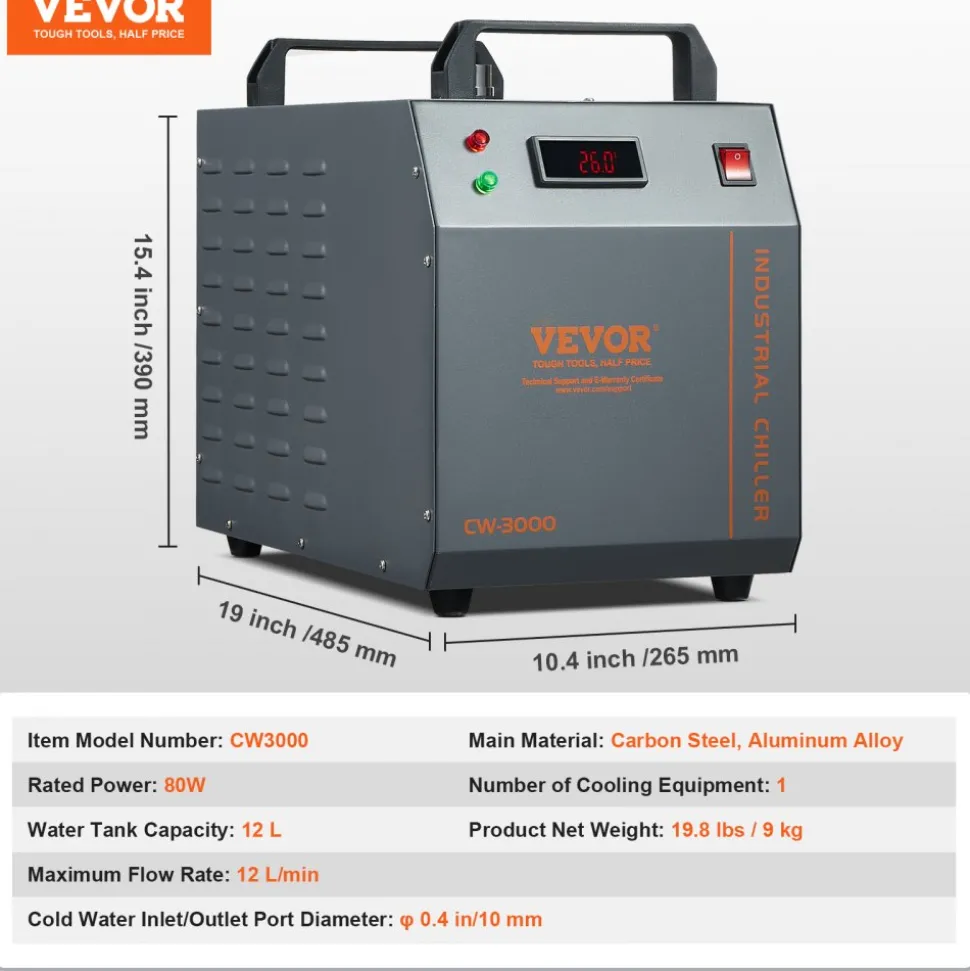 VEVOR Industrial Water Chiller, CW-3000, 80W Air-Cooled Industrial Water Cooler Cooling System with 12 L Water Tank Capacity 12 L/min Maximum Flow Rate, for Laser Engraving Machine Cooling Machine