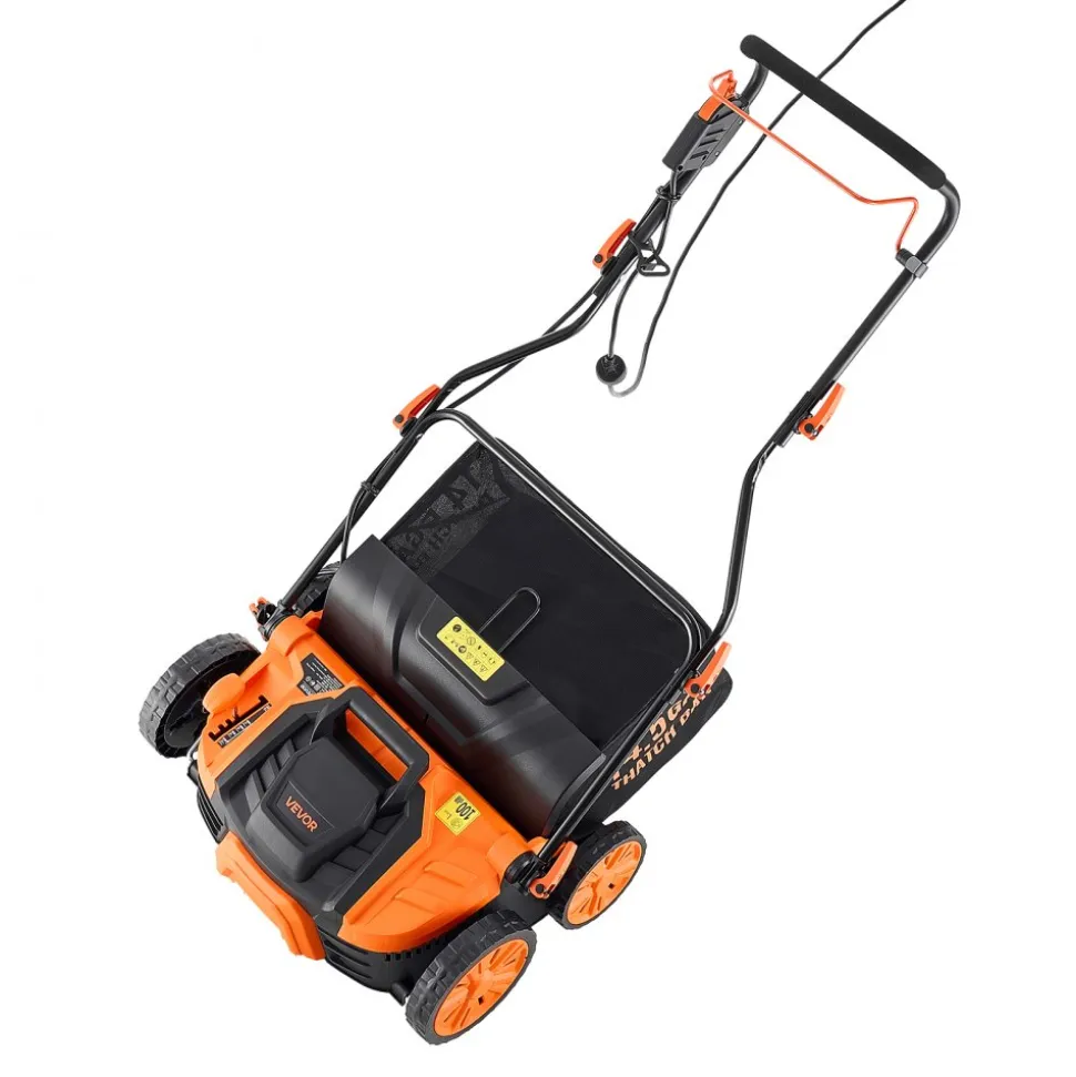 VEVOR 2-in-1 Electric Dethatcher and Scarifier, 16-Inch 15 Amp, Corded Lawn Dethatcher with 14.5-Gallon Thatch Collection Bag, 5-Position Depth Adjustment, Walk Behind Machine for Garden Yard Grass
