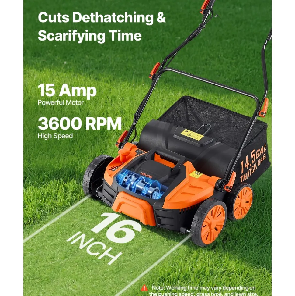 VEVOR 2-in-1 Electric Dethatcher and Scarifier, 16-Inch 15 Amp, Corded Lawn Dethatcher with 14.5-Gallon Thatch Collection Bag, 5-Position Depth Adjustment, Walk Behind Machine for Garden Yard Grass