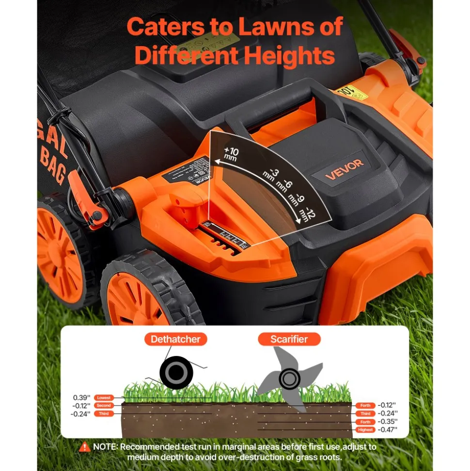 VEVOR 2-in-1 Electric Dethatcher and Scarifier, 16-Inch 15 Amp, Corded Lawn Dethatcher with 14.5-Gallon Thatch Collection Bag, 5-Position Depth Adjustment, Walk Behind Machine for Garden Yard Grass