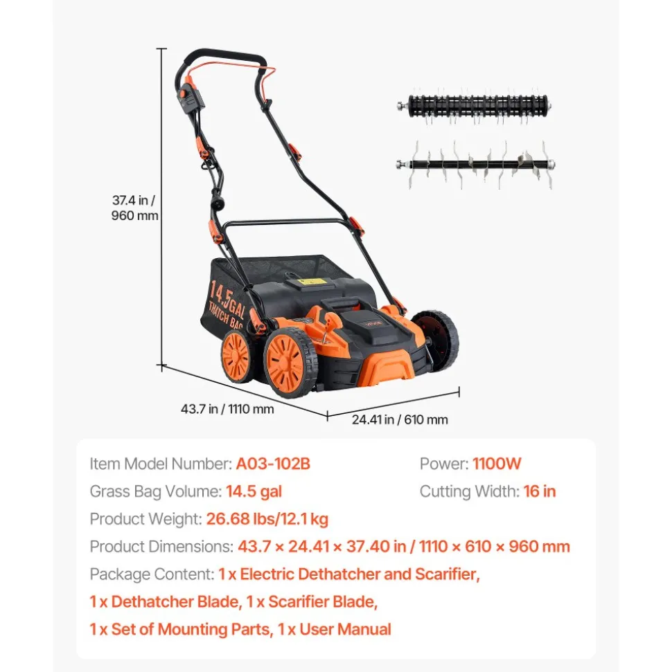 VEVOR 2-in-1 Electric Dethatcher and Scarifier, 16-Inch 15 Amp, Corded Lawn Dethatcher with 14.5-Gallon Thatch Collection Bag, 5-Position Depth Adjustment, Walk Behind Machine for Garden Yard Grass