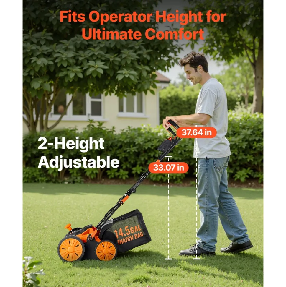 VEVOR 2-in-1 Electric Dethatcher and Scarifier, 16-Inch 15 Amp, Corded Lawn Dethatcher with 14.5-Gallon Thatch Collection Bag, 5-Position Depth Adjustment, Walk Behind Machine for Garden Yard Grass