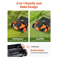 VEVOR 2-in-1 Electric Dethatcher and Scarifier, 16-Inch 15 Amp, Corded Lawn Dethatcher with 14.5-Gallon Thatch Collection Bag, 5-Position Depth Adjustment, Walk Behind Machine for Garden Yard Grass