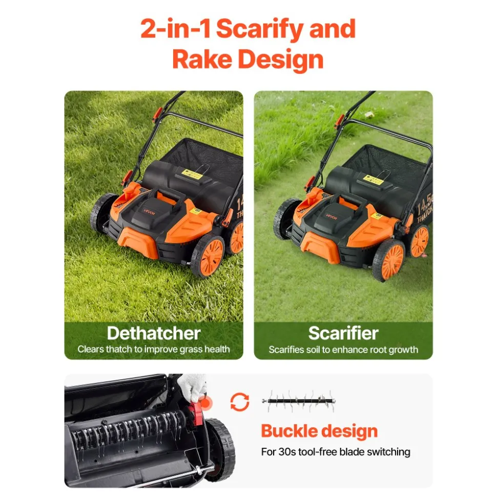 VEVOR 2-in-1 Electric Dethatcher and Scarifier, 16-Inch 15 Amp, Corded Lawn Dethatcher with 14.5-Gallon Thatch Collection Bag, 5-Position Depth Adjustment, Walk Behind Machine for Garden Yard Grass