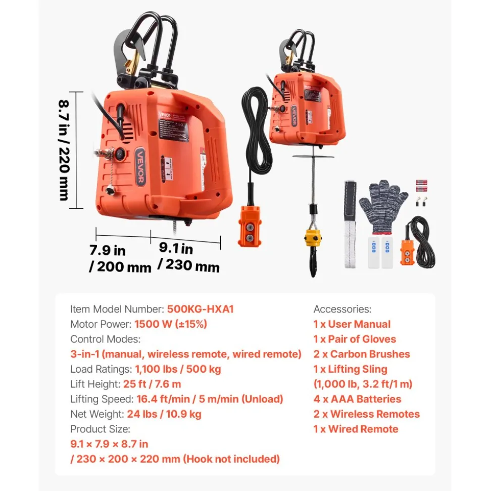VEVOR 3-in-1 Electric Hoist Winch, 1100 lbs Capacity, 1500W Portable Electric Power Winch, 25 ft Lifting Height, 16.4 ft/min with Manual, Wired & Wireless Remote Control for Factory, Warehouss, Garage