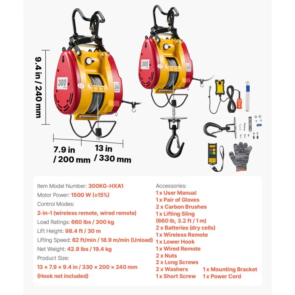 VEVOR 2-in-1 Electric Hoist Winch, 660 lbs Capacity, 1500W Portable Power Winch Crane, 98.4 ft Lifting Height, 62 ft/min with Wired and Wireless Remote Control for Factory, Warehouss, Garage