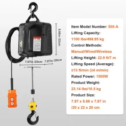 VEVOR 3-in-1 Electric Hoist Winch, 1100lbs 1500W Portable Power Winch Crane, 110V/120V 22.9 ft Lifting Height, 13 ft/min with Manual, Wired and Wireless Remote Control, Overload Protection