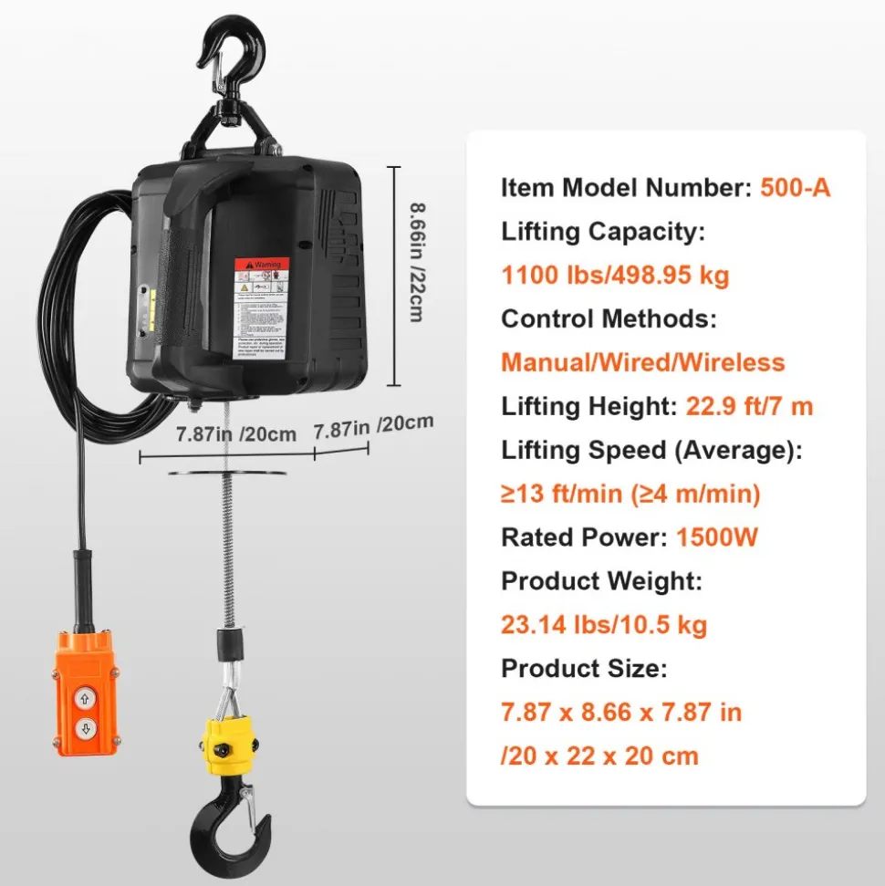 VEVOR 3-in-1 Electric Hoist Winch, 1100lbs 1500W Portable Power Winch Crane, 110V/120V 22.9 ft Lifting Height, 13 ft/min with Manual, Wired and Wireless Remote Control, Overload Protection