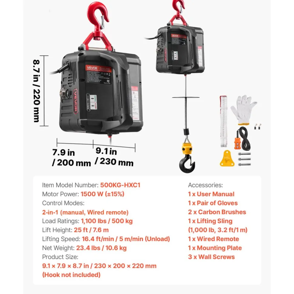 VEVOR 2-in-1 Electric Hoist Winch, 1100 lbs Capacity, 1500W Portable Power Winch Crane, 25 ft Lifting Height, 16.4 ft/min with Manual and Wired Remote Control for Factory, Warehouss, Garage