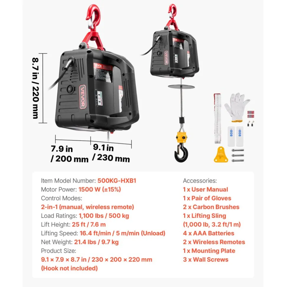 VEVOR 2-in-1 Electric Hoist Winch, 1100 lbs Capacity, 1500W Portable Power Winch Crane, 25 ft Lifting Height, 16.4 ft/min with Manual and Wireless Remote Control for Factory, Warehouss, Garage