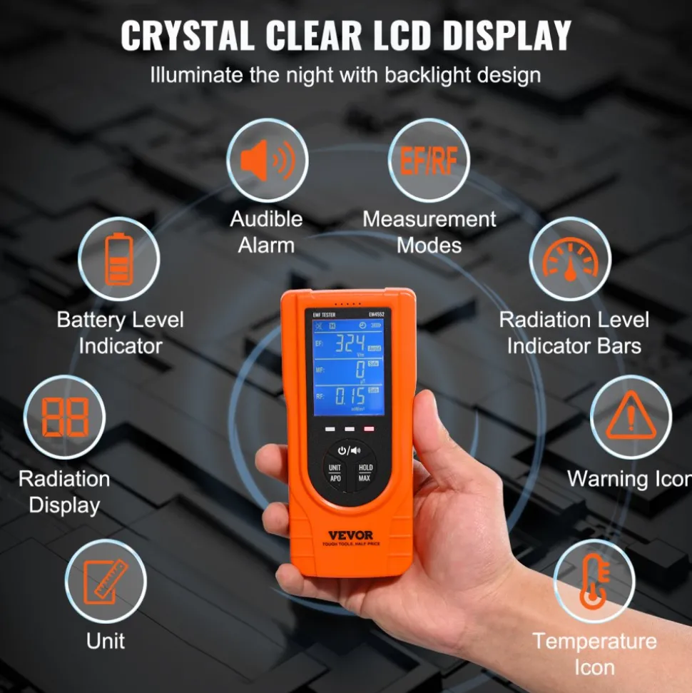 VEVOR 3-in-1 EMF Meter, 5Hz - 3.5GHz, Handheld Rechargeable Electromagnetic Field Radiation Detector, Digital LCD EMF Tester for EF MF RF Home Inspections Outdoor Ghost Hunting Paranormal Equipment