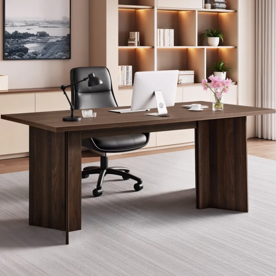 VEVOR 63 in Executive Desk, Large Modern Rectangle Office Table, Heavy Duty Wooden Executive Table with Cable Connection Hole, 250 LBS Load Capacity, Easy Assembly, for Work Study Writing, Walnut
