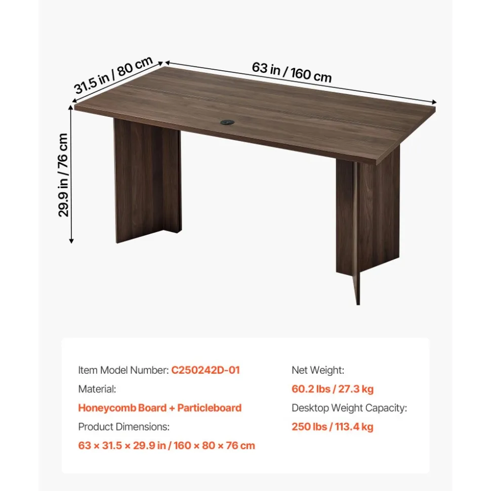 VEVOR 63 in Executive Desk, Large Modern Rectangle Office Table, Heavy Duty Wooden Executive Table with Cable Connection Hole, 250 LBS Load Capacity, Easy Assembly, for Work Study Writing, Walnut