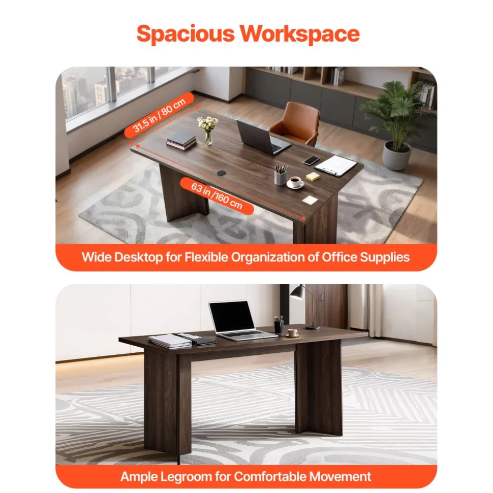 VEVOR 63 in Executive Desk, Large Modern Rectangle Office Table, Heavy Duty Wooden Executive Table with Cable Connection Hole, 250 LBS Load Capacity, Easy Assembly, for Work Study Writing, Walnut