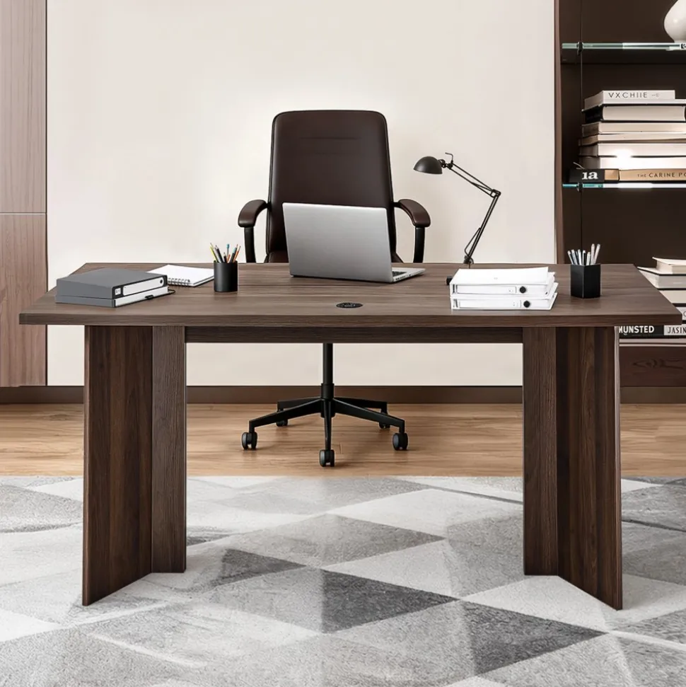 VEVOR 63 in Executive Desk, Large Modern Rectangle Office Table, Heavy Duty Wooden Executive Table with Cable Connection Hole, 250 LBS Load Capacity, Easy Assembly, for Work Study Writing, Walnut