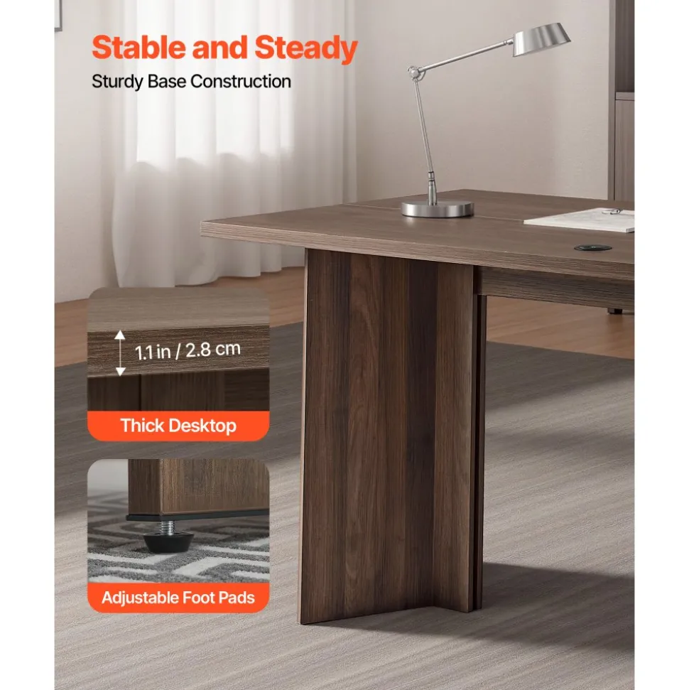 VEVOR 63 in Executive Desk, Large Modern Rectangle Office Table, Heavy Duty Wooden Executive Table with Cable Connection Hole, 250 LBS Load Capacity, Easy Assembly, for Work Study Writing, Walnut