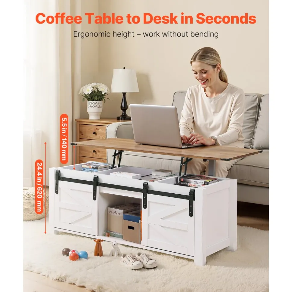 VEVOR 47.2 in Farmhouse Lift Top Coffee Table, Rustic Center Table with Barn Door and Hidden Storage Compartment, Modern Rectangle Lifting Tabletop for Living Room, Office, Home, Easy Assembly, White