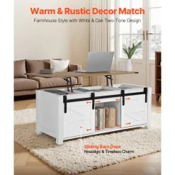 VEVOR 47.2 in Farmhouse Lift Top Coffee Table, Rustic Center Table with Barn Door and Hidden Storage Compartment, Modern Rectangle Lifting Tabletop for Living Room, Office, Home, Easy Assembly, White