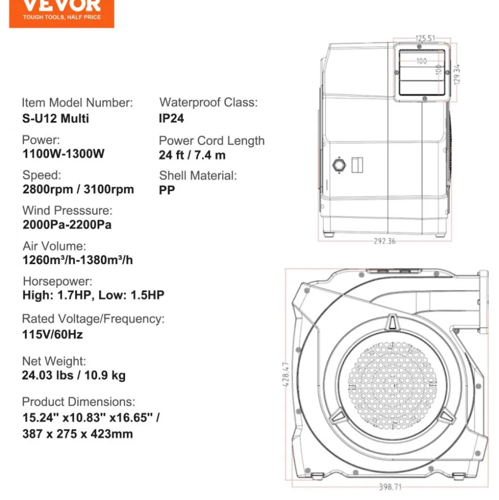 VEVOR Inflatable Blower, 1100W, 1.5 & 1.7 HP Bounce House Blower, Pump Commercial Air Blower for Inflatables, 3100 RPM Bouncy Castle Electric Fan for Bounce House, Waterslides, Tested to UL Standards