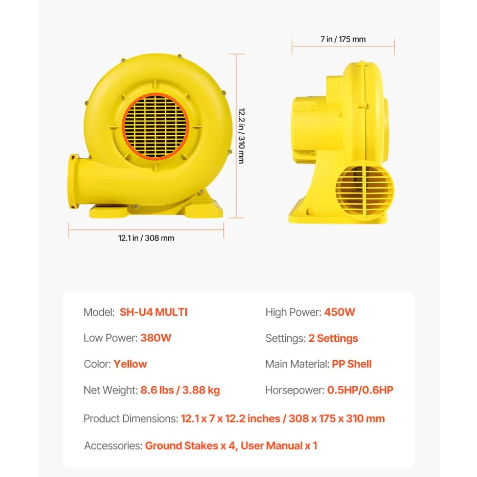 VEVOR Inflatable Blower, 380W&450W, 0.5 & 0.6 HP Bounce House Blower, Pump Commercial Air Blower for Inflatables, Bouncy Castle Electric Air Blower Fan Perfect for Bounce House, Waterslides, Yellow
