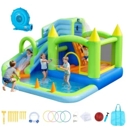 VEVOR Inflatable Bounce House, 11.6 x 13.1 x 7.7 ft Inflatable Bounce House Water Slide, Bouncer Castle with Bounces Zone, Climbing Wall, Splash Pool & Water Ring Toss, for 3 to 4 Kids Ages 3 to 8